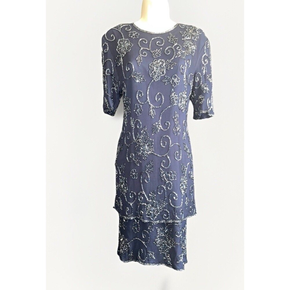 Brilliante By J.A Mother Of The Bride Navy Silk Chiffon Beaded Dress Size Large